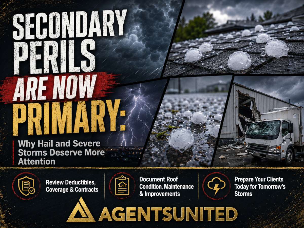 Insurance agent reviewing hail and severe storm property damage risks for homes and commercial buildings