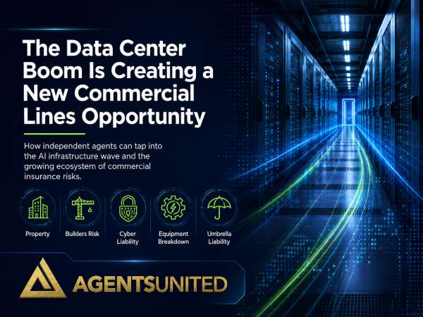 Independent insurance agent reviewing commercial insurance risks for a modern data center facility