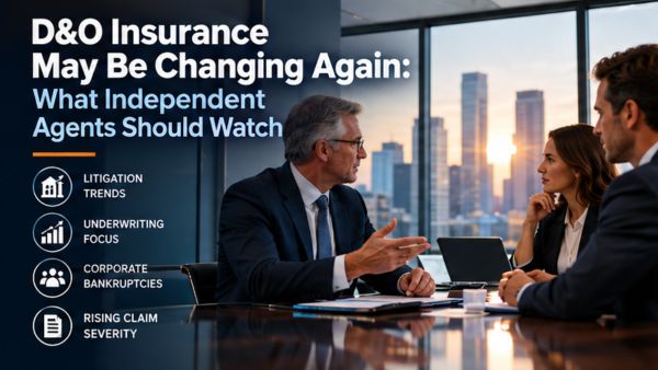 Independent commercial insurance agent reviewing directors and officers liability coverage and corporate risk information with a business client.