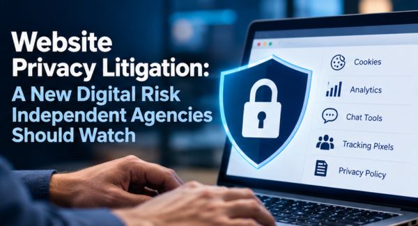 Insurance professional reviewing website privacy settings, analytics, cookies and digital security information on a computer.