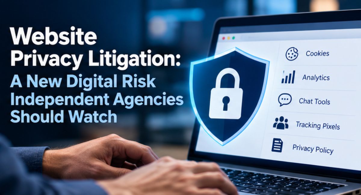 Insurance professional reviewing website privacy settings, analytics, cookies and digital security information on a computer.